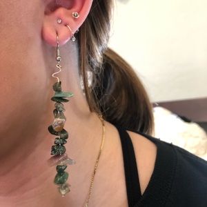 Homemade long green stone earrings
